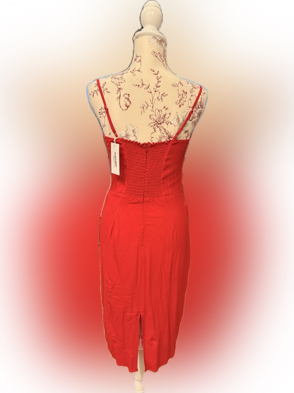 Reformation. New with Tag.Red  Smocked-Back Midi Dress